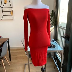 H&M Off Shoulder Ribbed Pencil Dress Red 2 XS